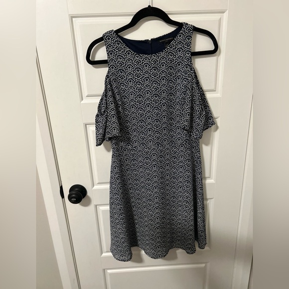 Banana Republic Cold Shoulder Fit and Flare Navy Print Dress - Picture 2 of 6